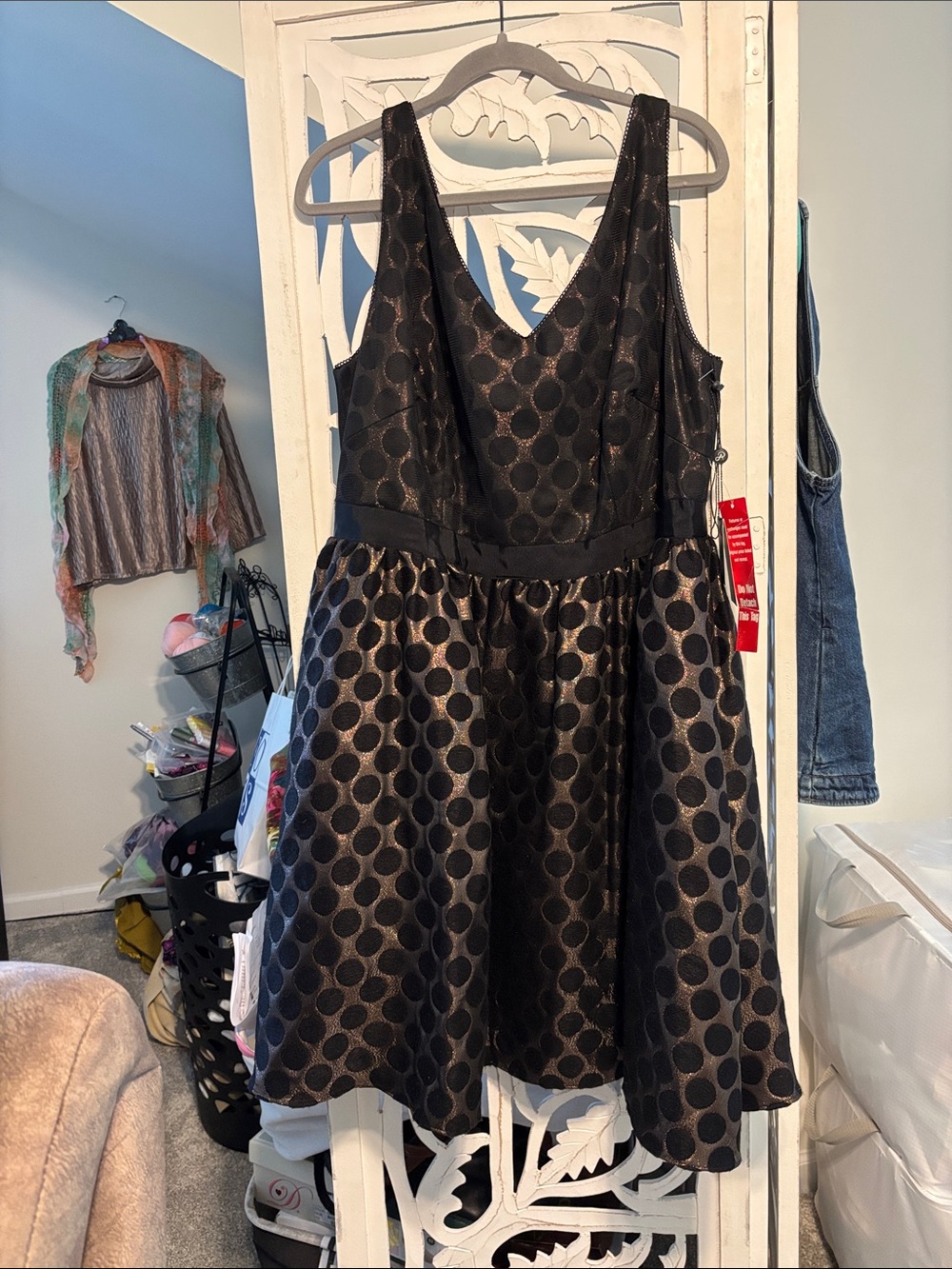 Adrianna Papell Black and Metallic Dot Fit-and-Flare Mini Dress